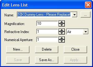 c. Adjust the Magnification, RI, and NA for each Objective. d. Select Save after the parameters have been entered. e. If new objectives are ever added to the system simply return to this same dialog to add the new len(es).