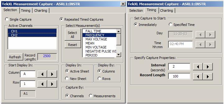 4. Click on Measurements in the TekXL tool bar. Click the Selection tab and select both channels 1 and 2. Select the measurements: FREQUENCY and ROOT MEAN SQUARE, as shown below.