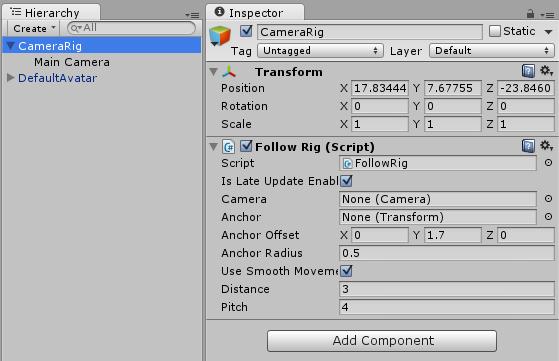6.b. Add the component Drag the Follow Rig component from the ootii/framework_v1/code/cameras folder onto the Camera Rig you just created. 6.c. Ensure Is Late Update Enabled is NOT checked We won t use the camera s LateUpdate() instead we want the camera to process after the controller.