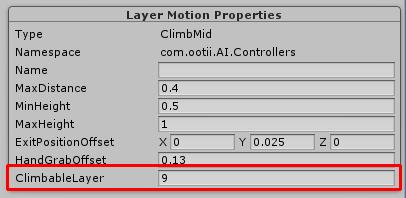 Unity. Create this layer as User Layer 9 and then the avatar will be able to climb it. If you choose a different layer than User Layer 9, ensure you change the climb layer in the motions: 11.
