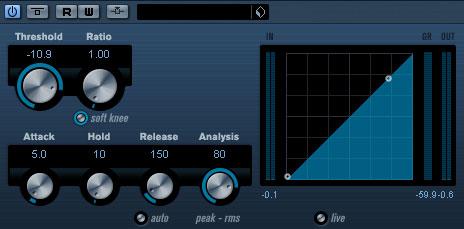 Expander (Cubase only) Live mode (On/Off) Side-Chain (On/Off) When activated, Live mode disengages the look ahead feature of Expander.