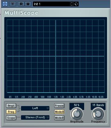 When the MultiScope is used with a surround channel in Scope mode, the pop-up menu to the right of the Scope button determines the result: If Stereo (Front) is selected, the display will indicate the