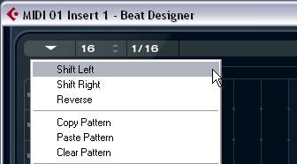 The Edit menu This menu contains the following editing functions: Option Shift Left Shift Right Reverse Copy Pattern Paste Pattern Clear Pattern Insert Pattern at Cursor Insert Subbank at Cursor