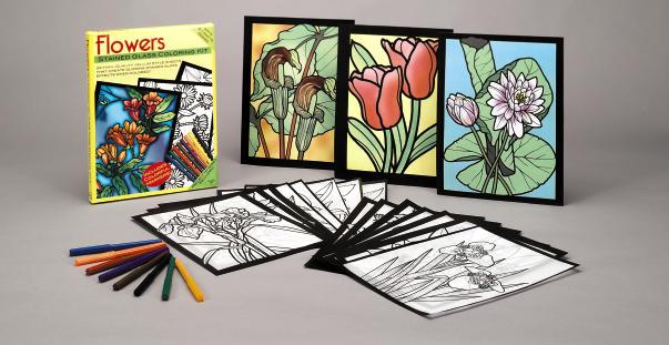 Stained Glass Coloring Kits Flowers Stained Glass Coloring Kit Twenty-four lovely illustrations of daisies, roses, tulips, and other popular blossoms.