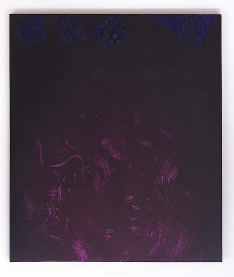Gone are the lurid colors of the other paintings in the exhibition, replaced by purple hues ranging from light-infused