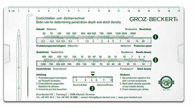 Slide rule for determining stitch density and penetration depth The stitch density and penetration depth are key machine parameters when manufacturing needle punched nonwovens, as the correct machine