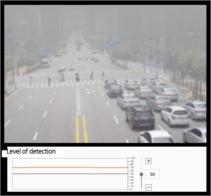 2. Fog Detection Figure 2. Example of Foggy Image and Level Graph 2.2. Fog Detection Event Alarm Fog detection provided in Wisenet X series offers two types of alarms: "Event Start" and "Event End".