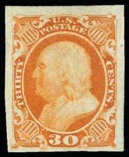 1861 ISSUE 67 P 30c Orange, 38P5, Imperforate Plate Proof on Stamp Paper, unused as issued, deep dark color and