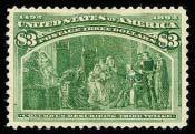381 $3 Yellow Green, 243, Regummed, very strong color, exceptionally well centered, Very Fine+, cataloged as