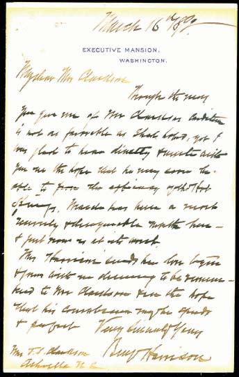 11 BENJAMIN HARRISON, Personally penned letter on Executive Mansion letterhead 4 1/2 x 7, written and signed as President on