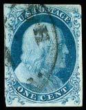 1851 ISSUE 32 o 1c Blue, 6, Fairly light CDS, impressive deep dark color and rich impression on crisp