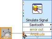 e) Când apare unealta de cablare electrică, faceţi clic pe săgeata de pe butonul rotund şi apoi faceţi clic pe săgeata de intrare a parametrului Amplitude semnalului Simulate Express VI, prezentat în