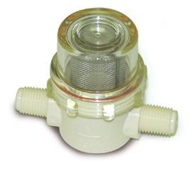 Female x Male 50 mesh screen 8 GPM max flow Clear Bowl Filters Low profile style MPT inlet & outlet White nylon body 1/2" FPT inlet 1/2" MPT outlet Two 1/4" side ports 145 PSI max pressure 8.709-961.