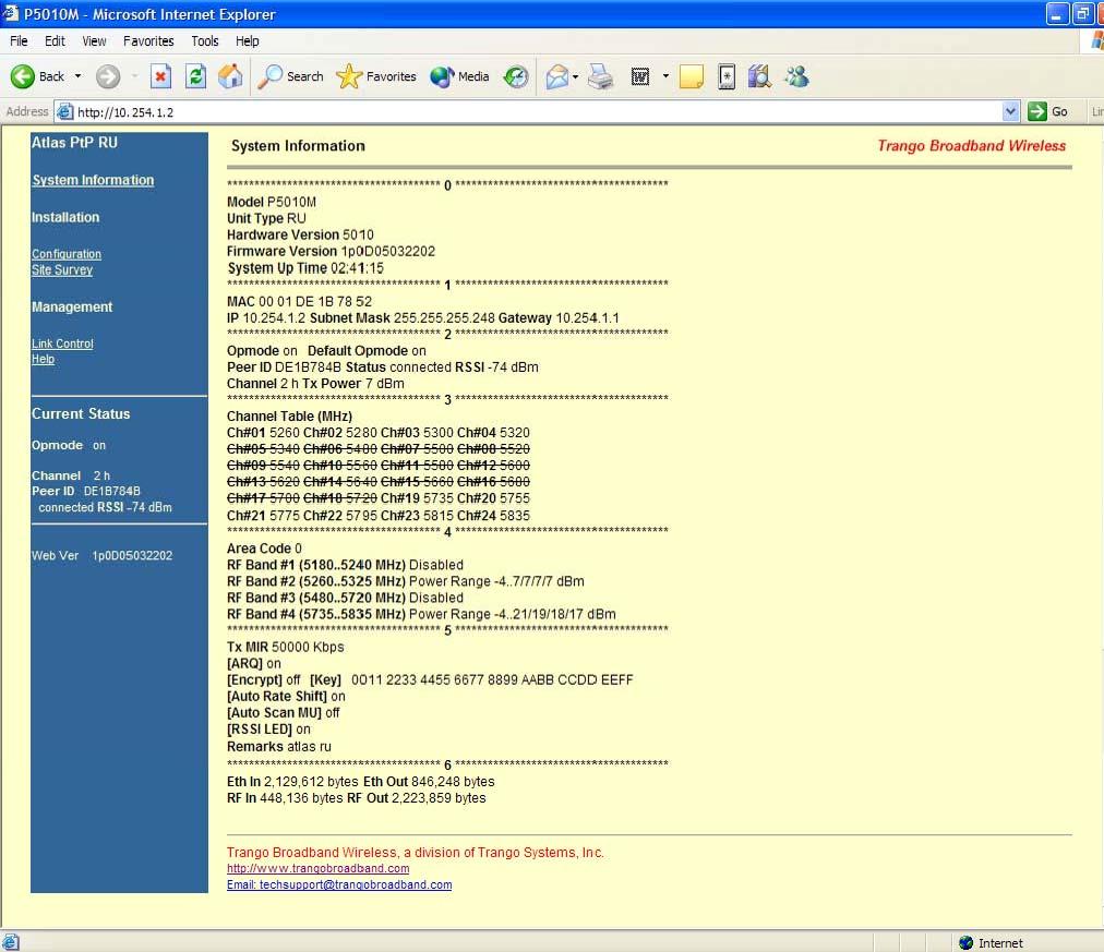 System Information Page The current radio and link status can be viewed from the System Information Page. For changes the Configuration Page should be used.