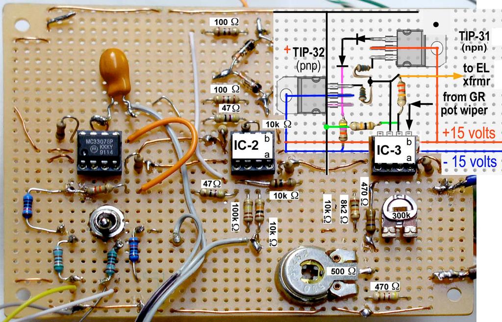 FIGURE-5: Wiring IC-2 (output amp and meter driver) and IC-3 EL transformer driver and Gain Reduction meter driver. (Basic mic preamp version is at lower left.
