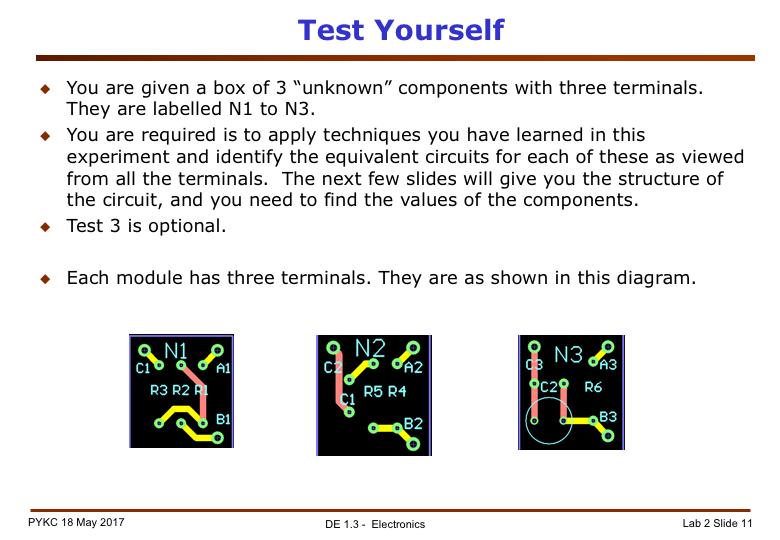 You will be using three different unknown networks: N1, N2 and N3 to test how well you have understood this lab session. There are four variants of these circuits.