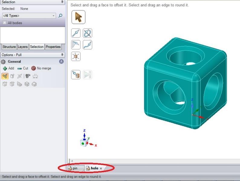 6-4 Cube Assembly Step 1: Please open pin.rsdoc and hole.rsdoc files that you have already drawn in sections 6-2 and 6-3, the file name can be seen at the bottom of the program after opening. Fig.