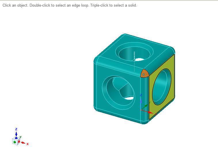Step 2: Select the fillet. Click any fillet in the Hole Cube to select the surface. Fig.