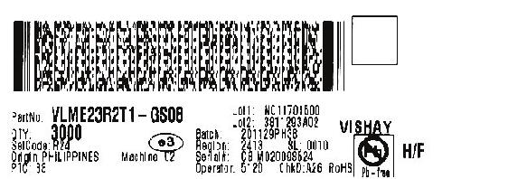 BAR CODE PRODUCT LABEL (example) A B C D E F G H A) 2D barcode B) PartNo = Vishay part number C) QTY = quantity D) SelCode = selection code (binning) E) PTC = code of manufacturing plant F)