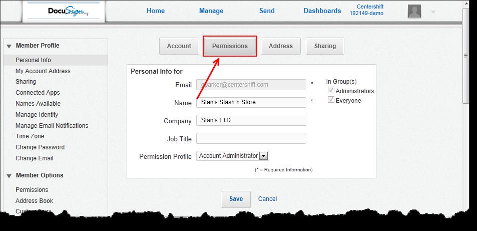 DocuSign Preferences page with callout to Permissions. 4. From the Preferences page, click Permissions.