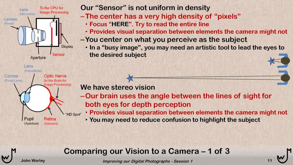 In many respects, a camera simulates our own vision system. After all, the camera is trying to capture the image that we think we see.