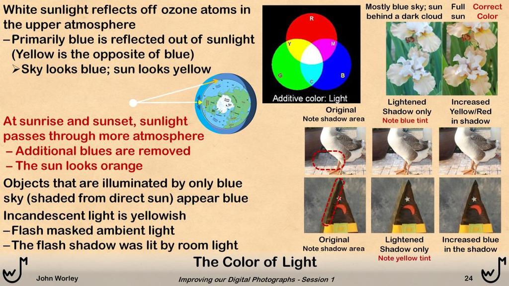 The light leaving the sun is white it contains equal amounts of all colors. When reaches the earth s atmosphere, the sunlight strikes ozone atoms in the upper levels.