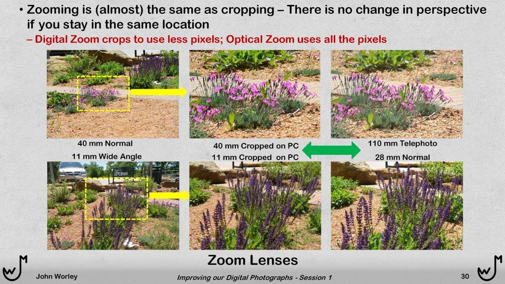 When taking a photo, most of us stand in one location and use the zoom lens to crop down to the area that we want. On this slide and the next, we will learn a few things about that habit.