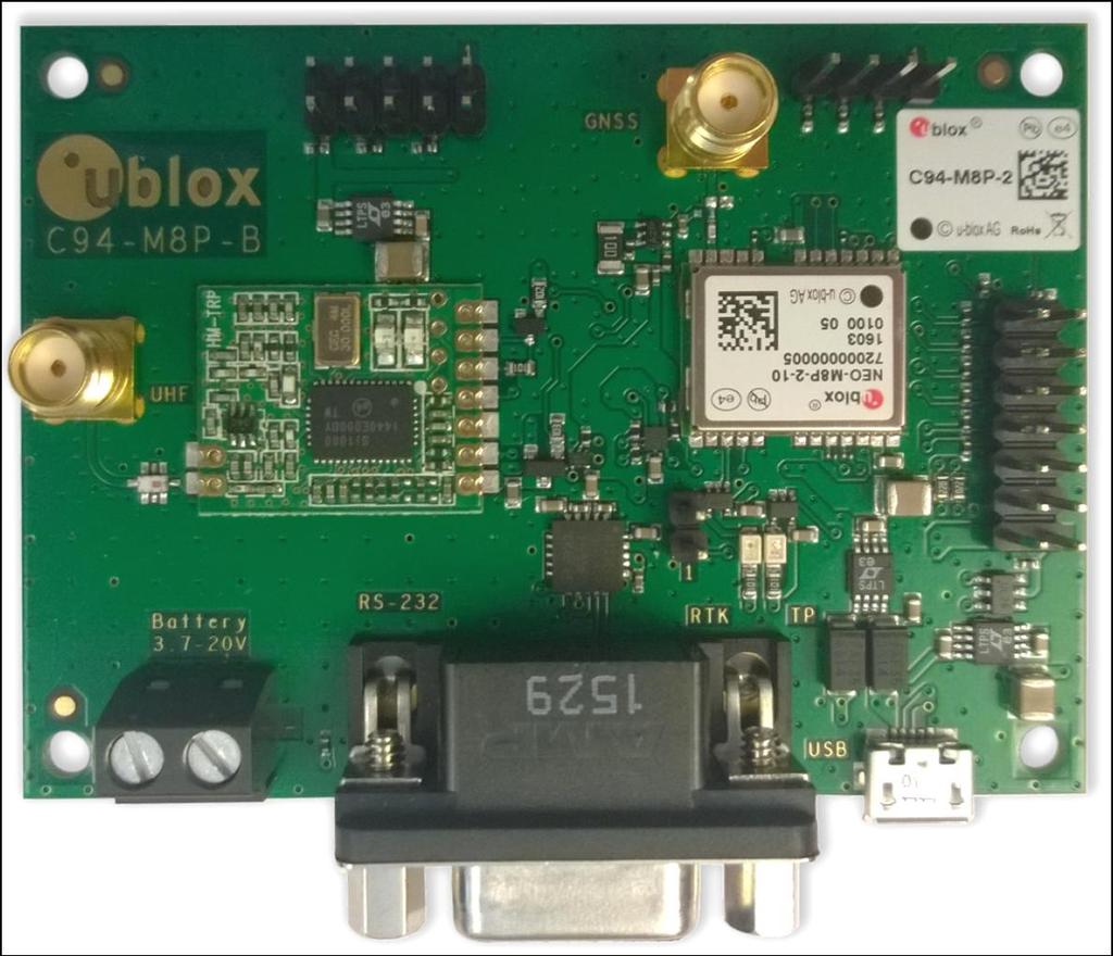 C94-M8P-B Board Connections and Interfaces J6 J9 J4 J1: RS232 UART M8P/Radio J2: USB M8P J3: External battery / DC connector J4: