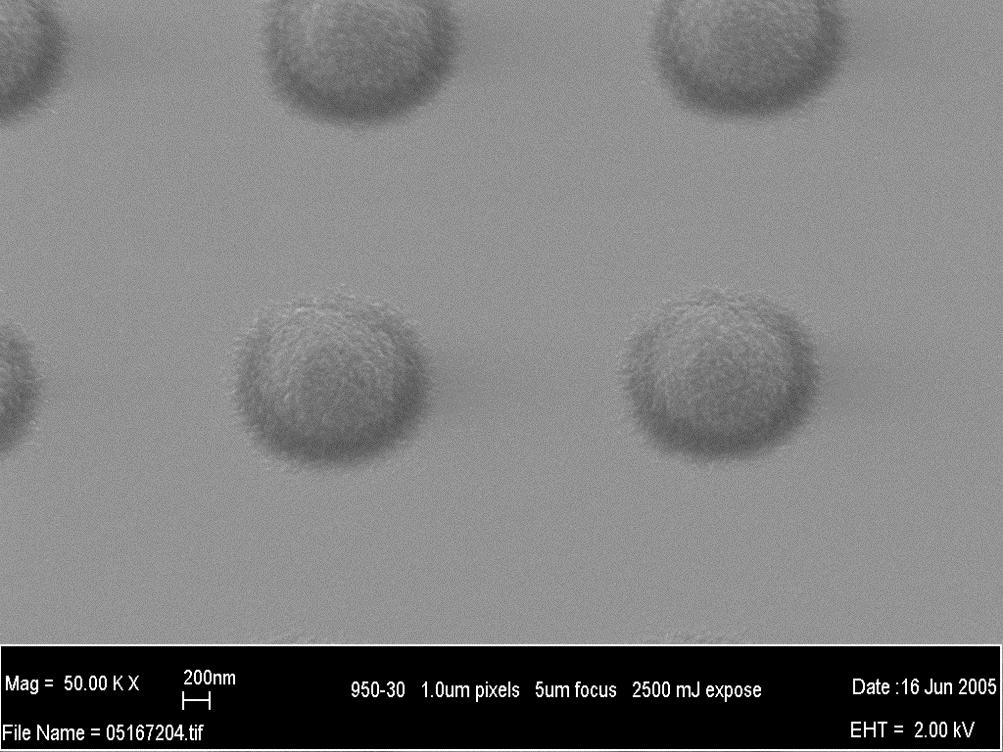 Figure 8. SEM photo of ~1-µm pixels using heavily dyed photoresist. Exposure dose: 2500 mj. Focus: +0.5 µm. Figure 9. SEM photo of ~1-µm pixels using heavily dyed photoresist. Exposure dose: 2500 mj. Focus: +. 4.