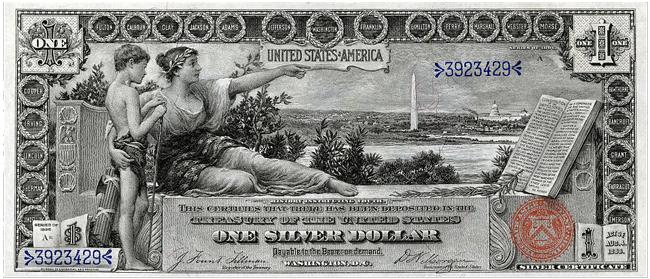 Titled History Instructing Youth, this note is from the 1896 silver certificate series nicknamed the educational series because the allegorical motifs were used to commemorate 120 years of U.S.
