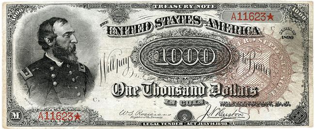 The ornate design on the back or reverse was designed to deter counterfeiting. Treasury Notes were only redeemable in coin.
