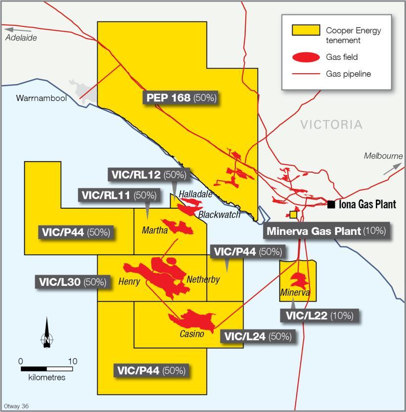 Operations review Otway Basin Offshore The company s offshore interests in the Otway Basin in Victoria include: Otway Basin, offshore a) a 50% interest in, and Operatorship of, the producing Casino