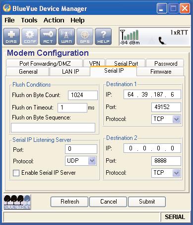 There are seven tabs in the Modem Configuration page. Figure 5-14 shows the General and Serial IP tabs in the Modem Configuration page.
