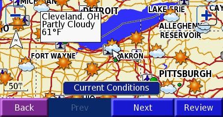Viewing Weather on the Map From the Menu page, touch Tools > Weather > View On Map. The current weather conditions for your present location appear on the map.