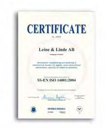 Quality Quality and the environment have for a long time been critical priorities at Leine & Linde. The company has been certified according to ISO 9001 since 1995.