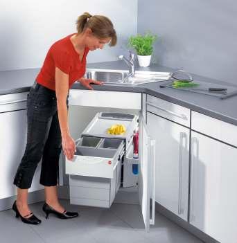 EVERY KITCHEN NEEDS ONE Built-in Specialist Bin RONDO COMFORT The unique, functional cleaning and recycling-center for diagonal door corner-sink cabinets.