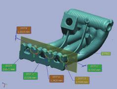 A The direct comparison of 3D scan data against 3D CAD data provides visual and quantitative evaluation of surface distortion and cross-sections of part exteriors, even those