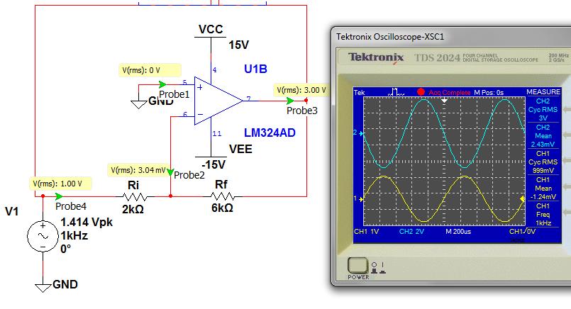 MultiSim phase inverted 19-3 V 3 V RMS inverted Values check 1 V 0 V Output 3 V