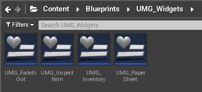 Content/Blueprints/UMG_Widgets folder UMG_Inventory (UMG Widget) UI widget for operating the inventory, attached to BP_InventoryUI->InventoryWidget component.