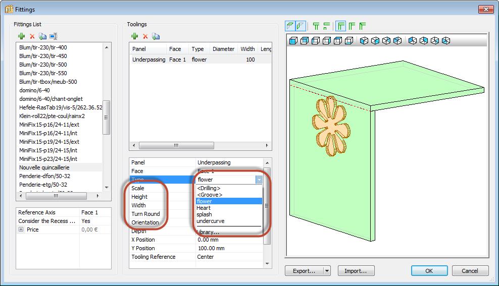 Tooling as hardware When setting up hardware, as well as holes and grooves, it s now possible to apply an element of the DXF library as an inner tooling or pocket.