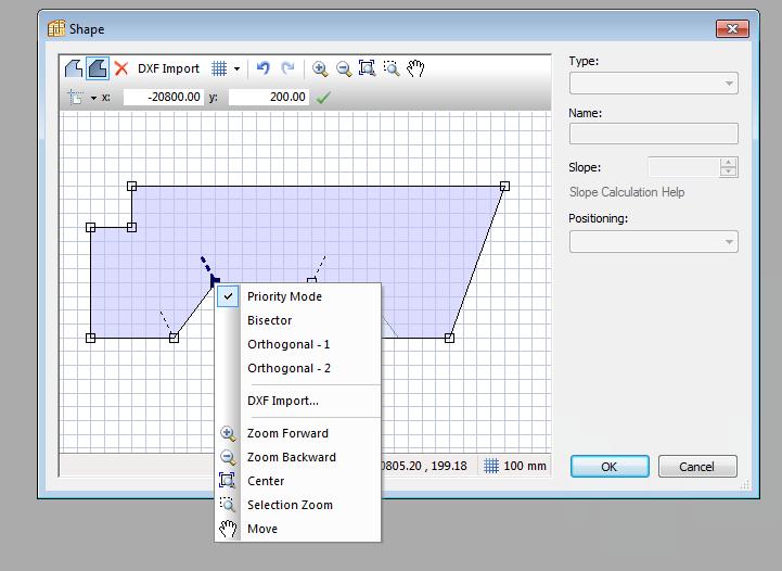 Free form angle define When adding extra non orthogonal points to a Free Form cabinet, Polyboard 6 allows you to define 4 different types of panel assembly modes between the