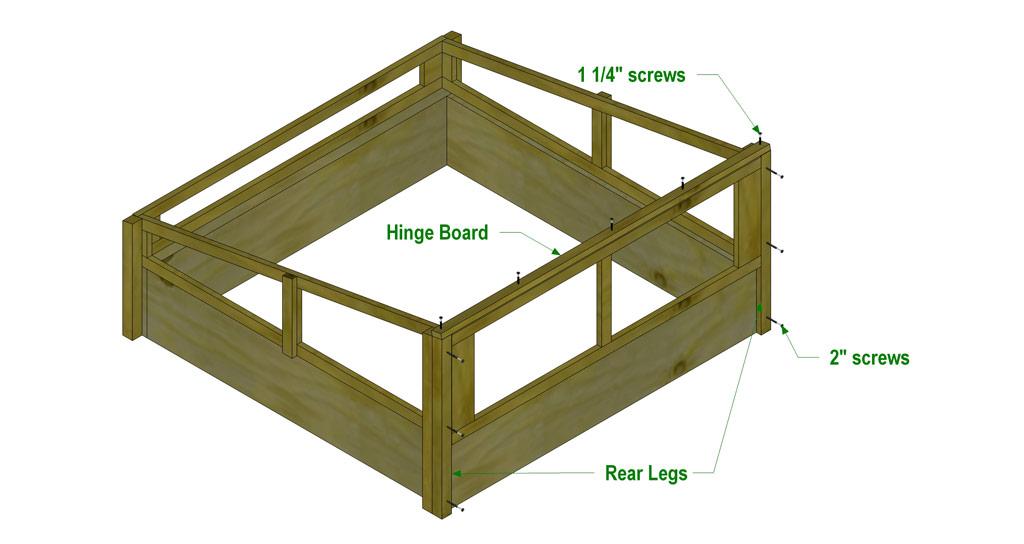 Figure 12 Position the Rear Legs and Hinge Board as shown in Figure 12. Attach the Rear Legs to the Back Legs using 2-inch deck screws.