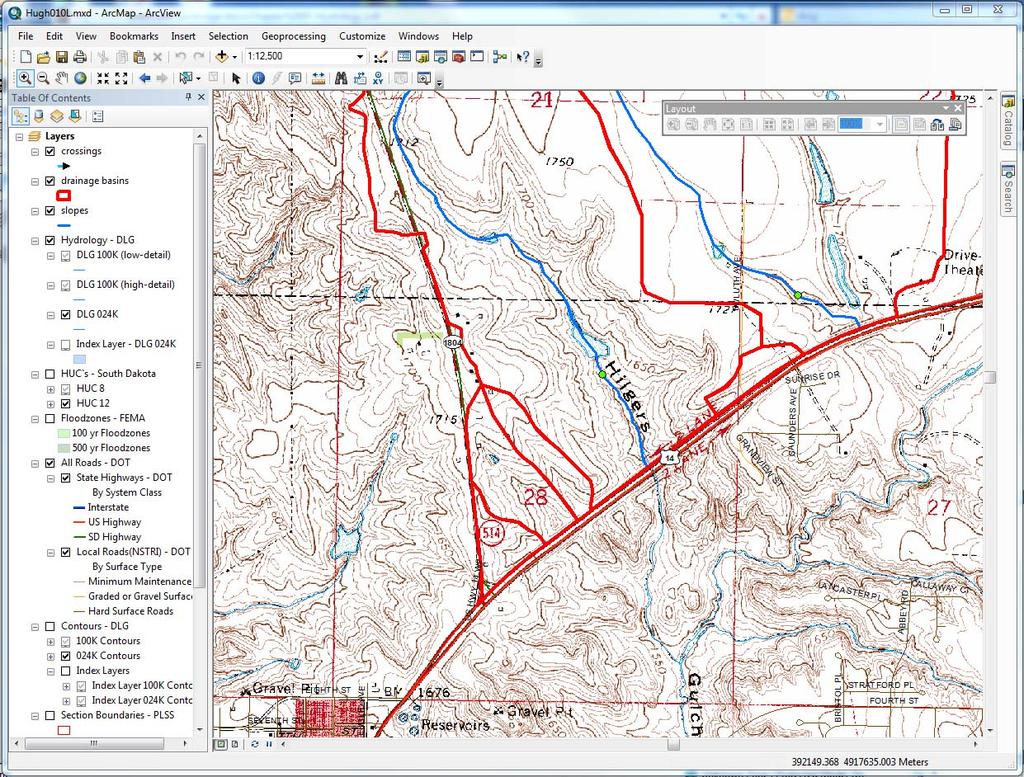 Exhibit 2 ArcMap view with drainage basins layer shown as provided by the Bridge Hydraulics office To show the drainage basins in ArcMap the following may need to be done.