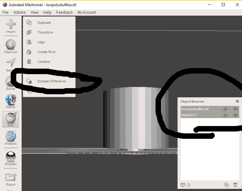 SELECT both the obj and basic geometric shape in the Object Browser panel and then select Edit->Boolean