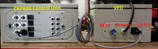 The 14 pin male-to-male cable should connect to the female 14 pin connectors on both the control box and the VFD as shown below.