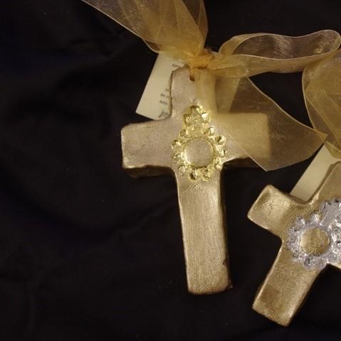 Mary 5 champagne ceramic cross with rosary ring inlay