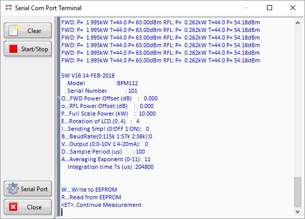 Fig. 11. Serial COM Port Terminal window of the BPM Monitor. The example displays BPM User Menu.