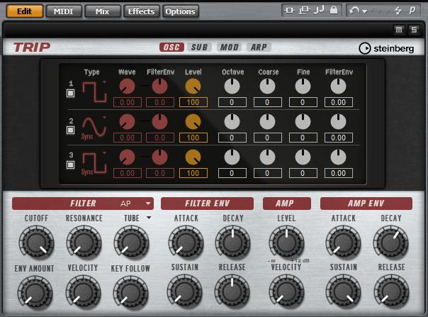 Editing Programs Trip Macro Page Trip Macro Page Trip is a virtual analog synth that comes with three oscillators, a sub oscillator, a ring modulator, and a noise generator.