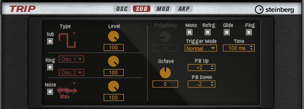 Editing Programs Trip Macro Page Sub Page The Sub page contains the settings for the sub oscillator, the ring modulation and the noise generator.