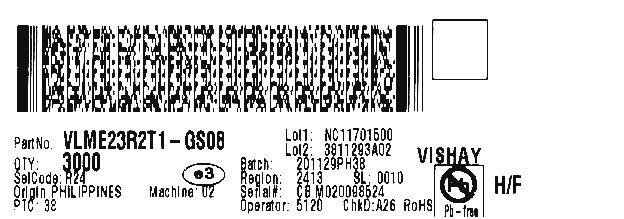 BAR CODE PRODUCT LABEL (Example) A B C D E I G A. 2D barcode B. PartNo = Vishay part number C. QTY = Quantity D. SelCode = selection code (binning) E. PTC = Code of manufacturing plant F.